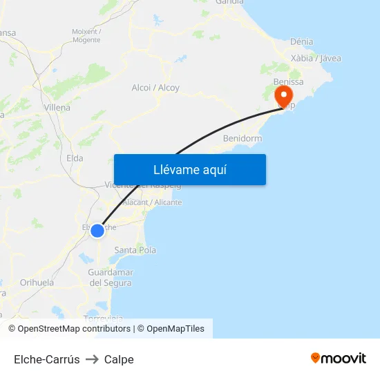 Elche-Carrús to Calpe map
