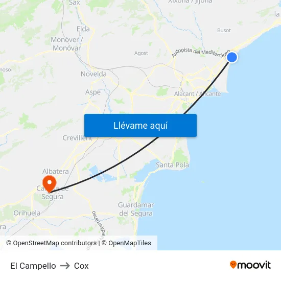 El Campello to Cox map