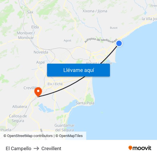 El Campello to Crevillent map