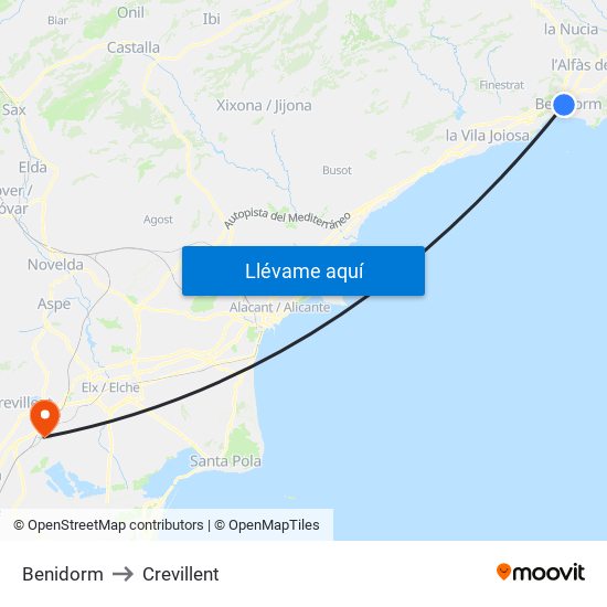 Benidorm to Crevillent map