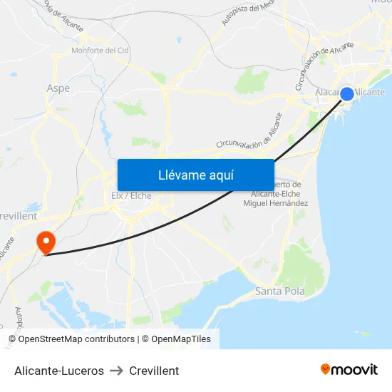 Alicante-Luceros to Crevillent map