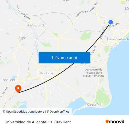 Universidad de Alicante to Crevillent map