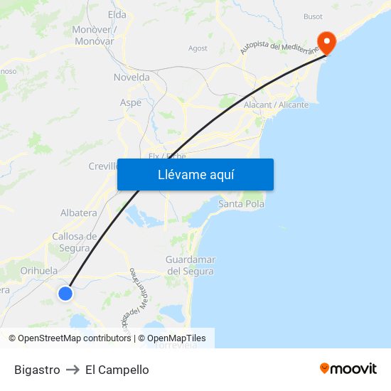 Bigastro to El Campello map