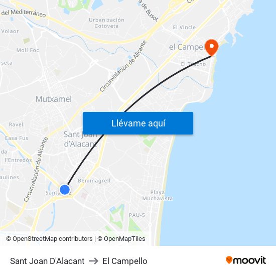Sant Joan D'Alacant to El Campello map