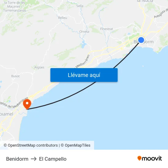 Benidorm to El Campello map