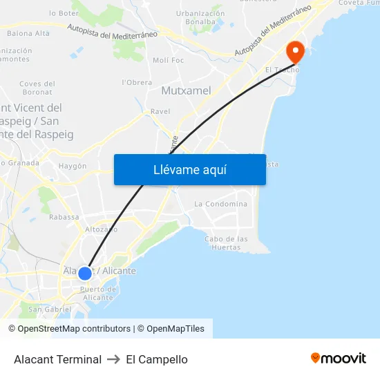Alacant Terminal to El Campello map