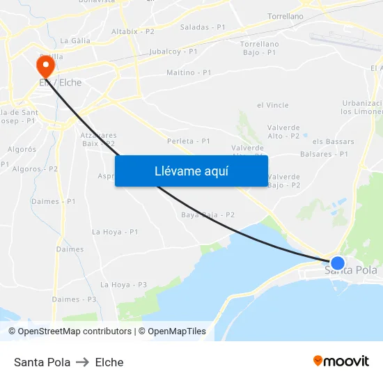 Santa Pola to Elche map