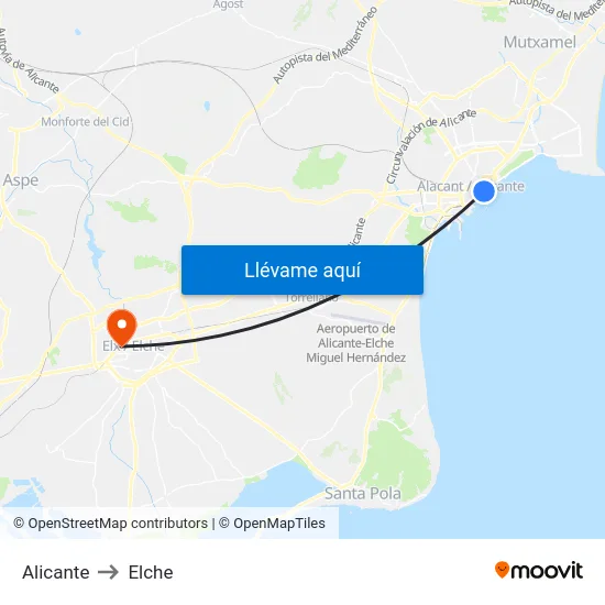 Alicante to Elche map