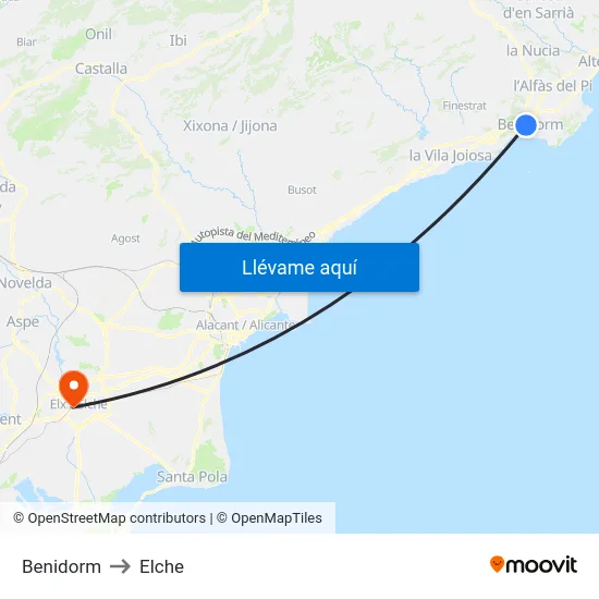 Benidorm to Elche map
