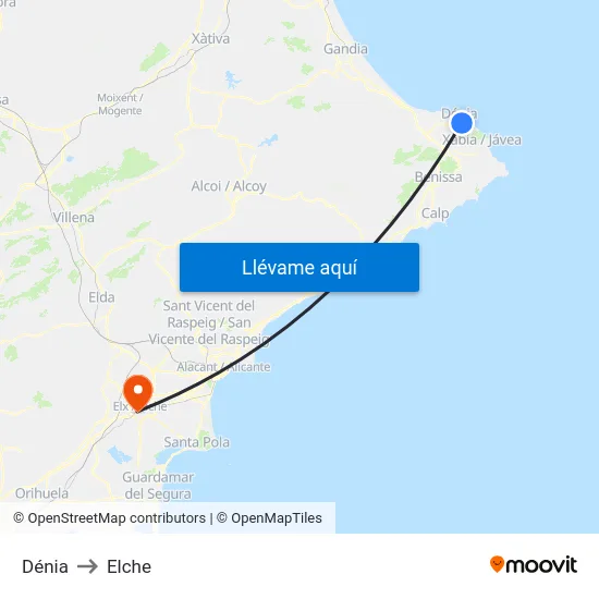 Dénia to Elche map