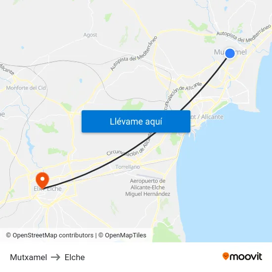Mutxamel to Elche map