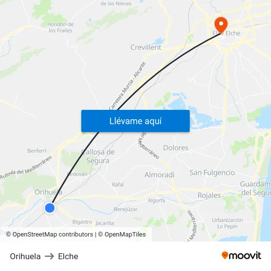 Orihuela to Elche map