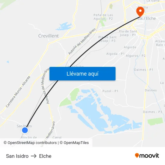 San Isidro to Elche map