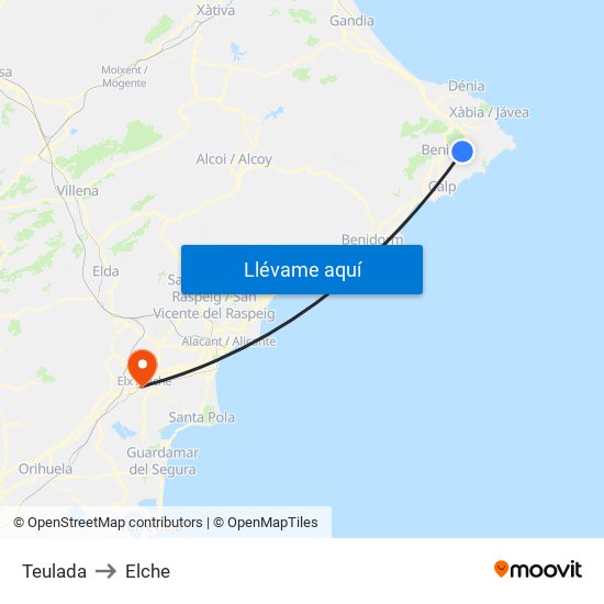 Teulada to Elche map