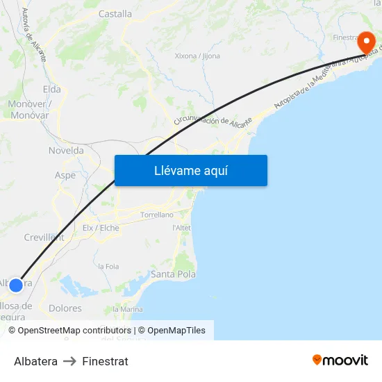 Albatera to Finestrat map
