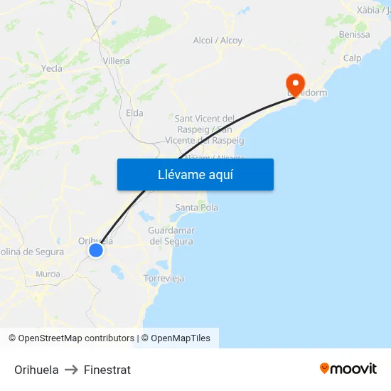 Orihuela to Finestrat map