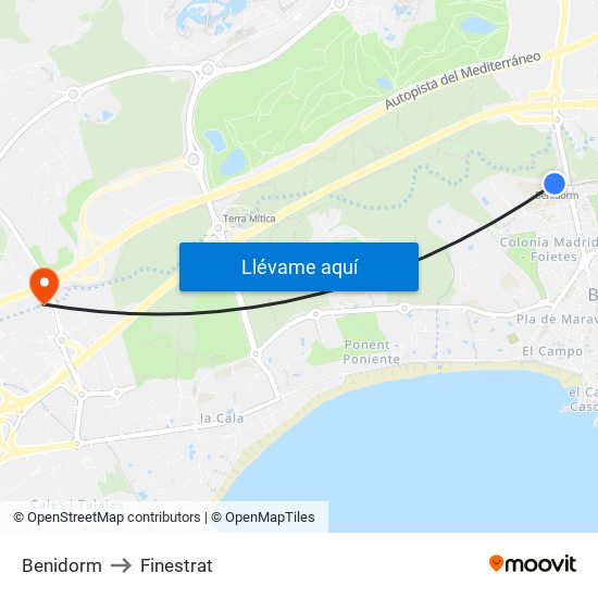 Benidorm to Finestrat map