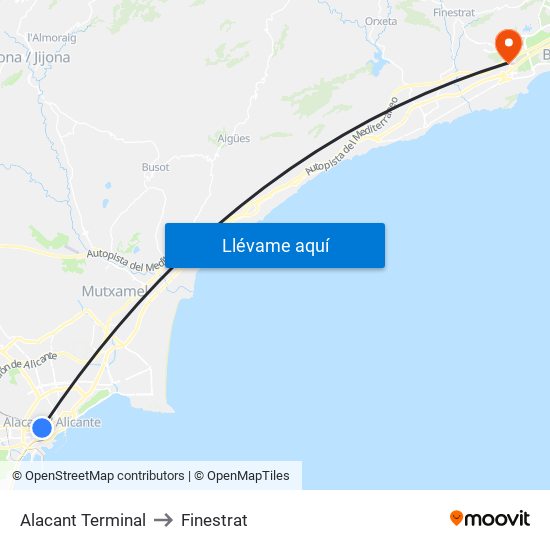 Alacant Terminal to Finestrat map