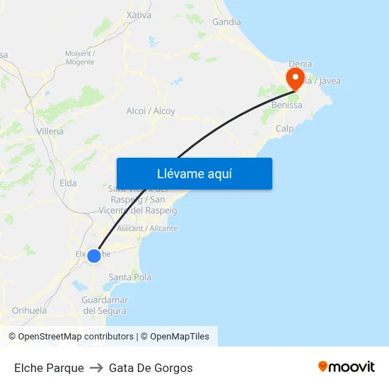 Elche Parque to Gata De Gorgos map