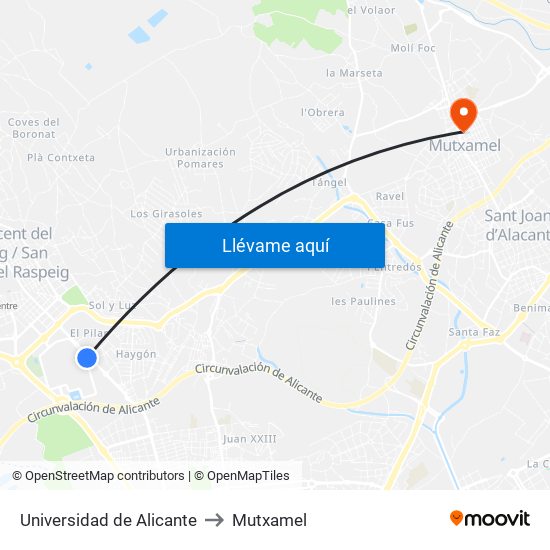 Universidad de Alicante to Mutxamel map