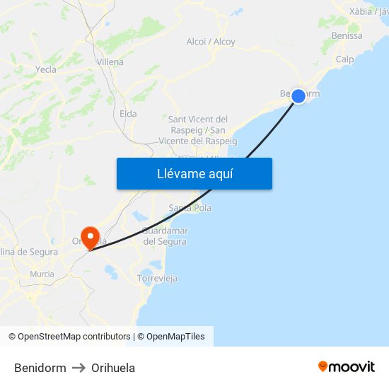 Benidorm to Orihuela map