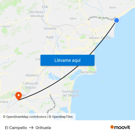 El Campello to Orihuela map