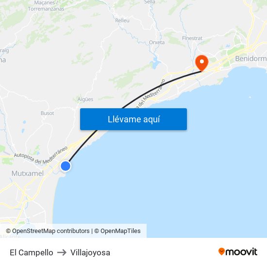 El Campello to Villajoyosa map