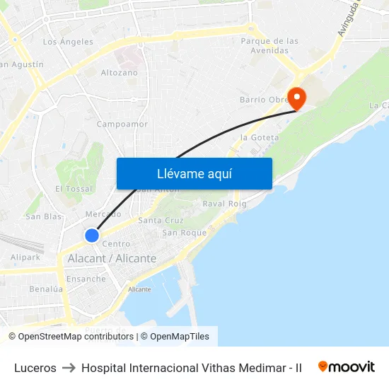 Luceros to Hospital Internacional Vithas Medimar - II map