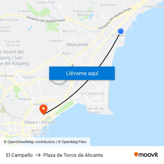 El Campello to Plaza de Toros de Alicante map