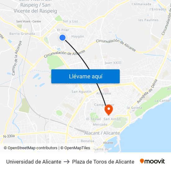 Universidad de Alicante to Plaza de Toros de Alicante map