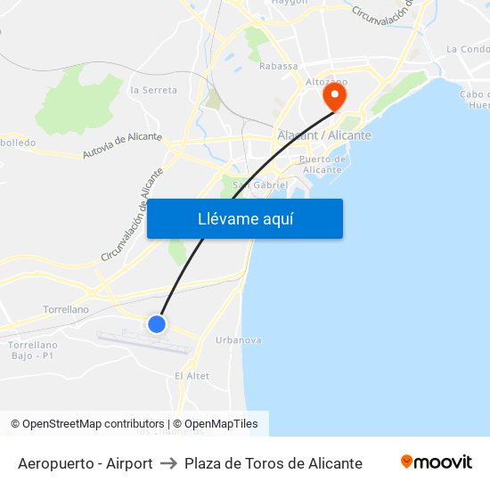 Aeropuerto - Airport to Plaza de Toros de Alicante map
