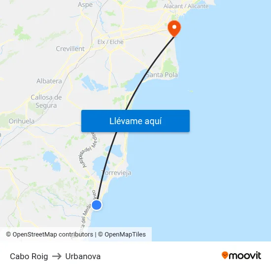 Cabo Roig to Urbanova map