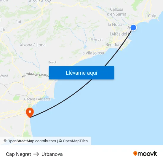 Cap Negret to Urbanova map