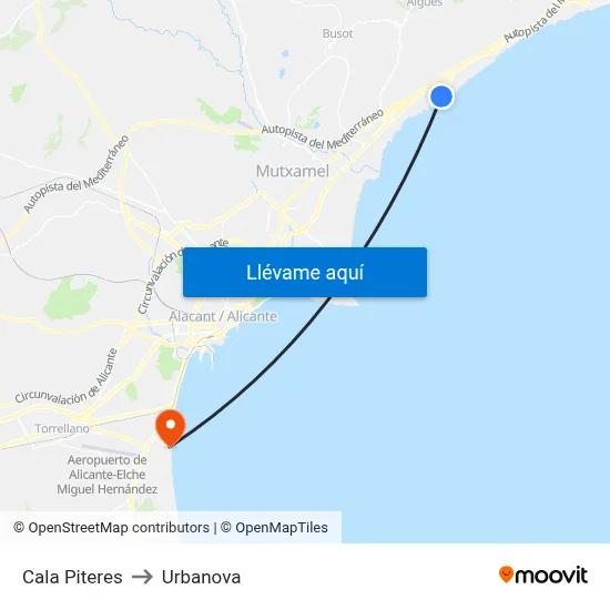Cala Piteres to Urbanova map