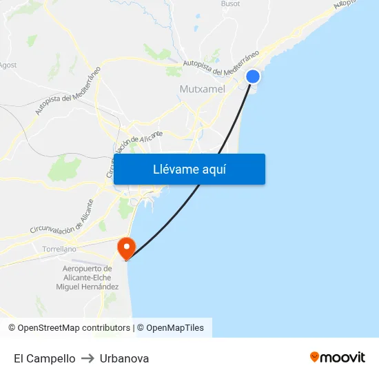 El Campello to Urbanova map