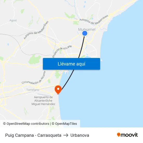Puig Campana - Carrasqueta to Urbanova map