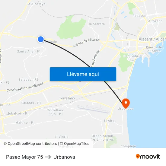Paseo Mayor 75 to Urbanova map