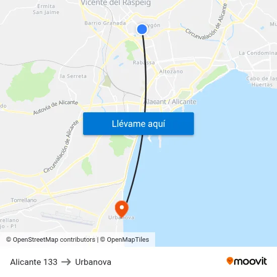 Alicante 133 to Urbanova map