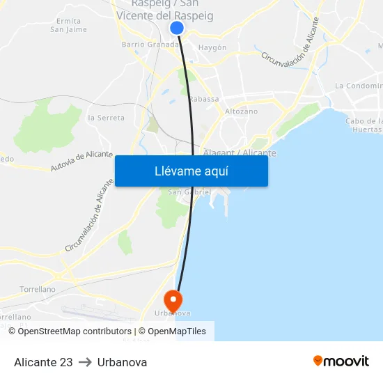 Alicante 23 to Urbanova map