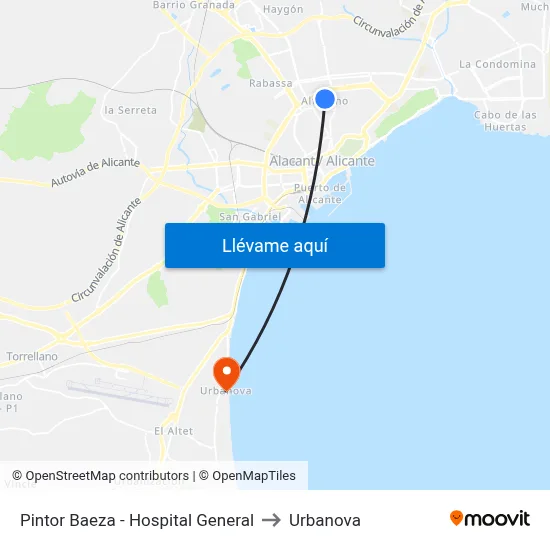 Pintor Baeza - Hospital General to Urbanova map