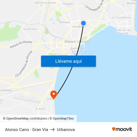 Alonso Cano - Gran Via to Urbanova map