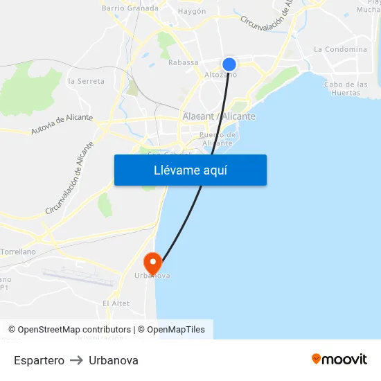 Espartero to Urbanova map