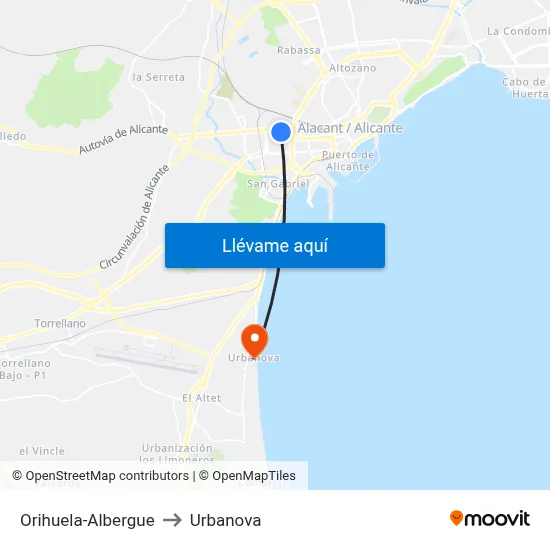 Orihuela-Albergue to Urbanova map