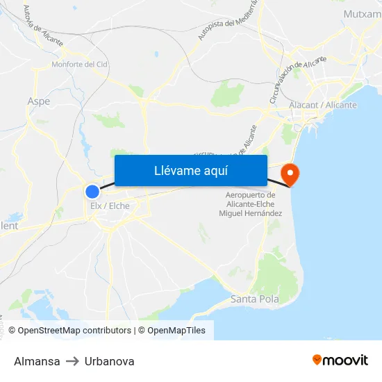 Almansa to Urbanova map