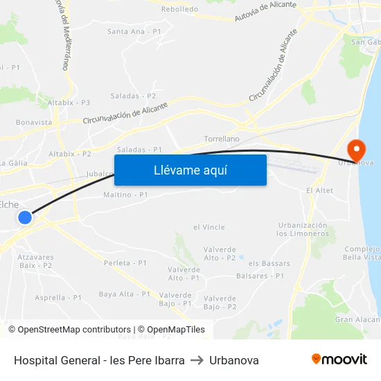 Hospital General - Ies Pere Ibarra to Urbanova map