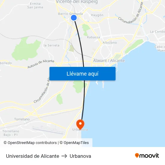 Universidad de Alicante to Urbanova map