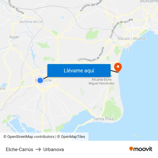Elche-Carrús to Urbanova map