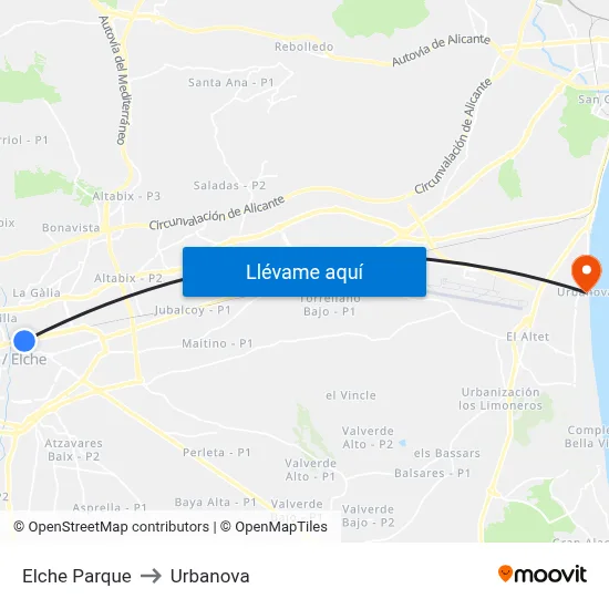 Elche Parque to Urbanova map