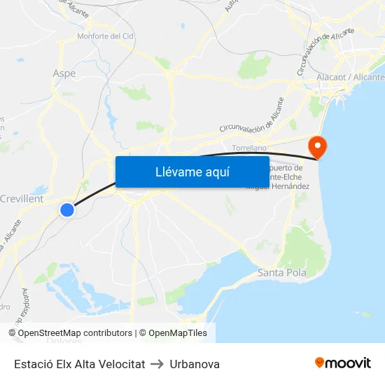 Estació Elx Alta Velocitat to Urbanova map