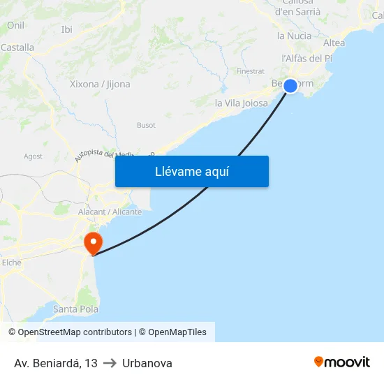 Av. Beniardá, 13 to Urbanova map